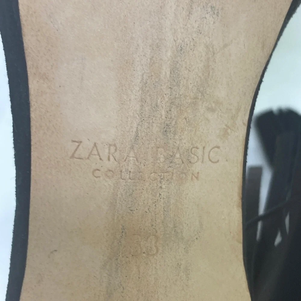 Zara Basic‎ Collection Black Suede Fringe Tassel Lace Up Stiletto Heels Size 38